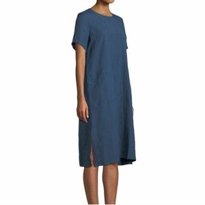 Eileen Fisher Organic Linen Tencel Crepe Roundneck GREY  Dress. Size L